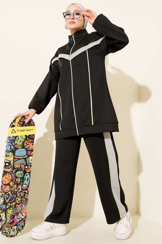 Zweiteiliger Taucheranzug mit Paspelierung und Streifen, Schwarz