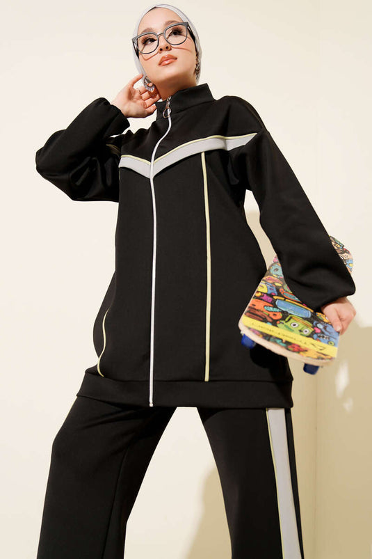 Zweiteiliger Taucheranzug mit Paspelierung und Streifen, Schwarz