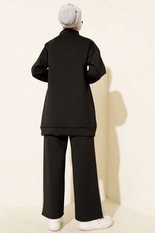 Zweiteiliger Taucheranzug mit Paspelierung und Streifen, Schwarz