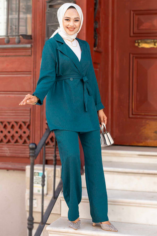 Blazer Ceketli Tesettür İkili Takım Petrol