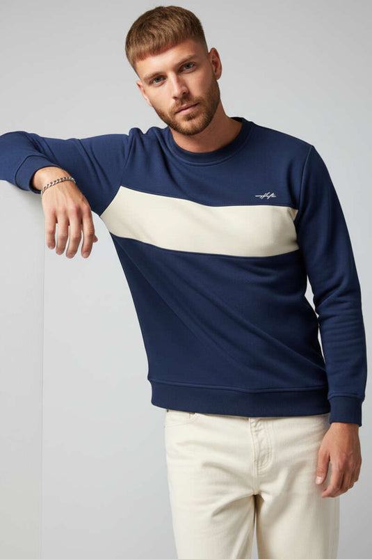 Blok Renkli Selanik Erkek Sweatshirt Lacivert