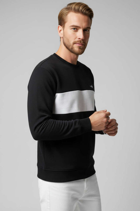 Blok Renkli Selanik Erkek Sweatshirt Siyah
