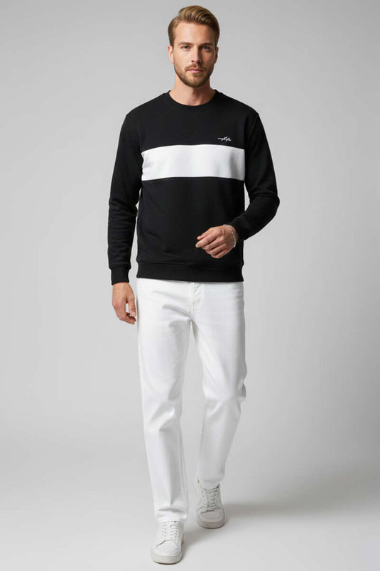 Blok Renkli Selanik Erkek Sweatshirt Siyah