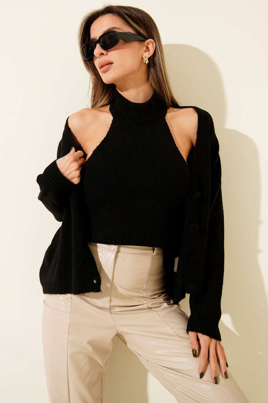 كارديجان أسود محبوك مع بلوزة
