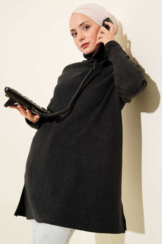 Boğazlı Fitilli Kaşe Tunik Antrasit