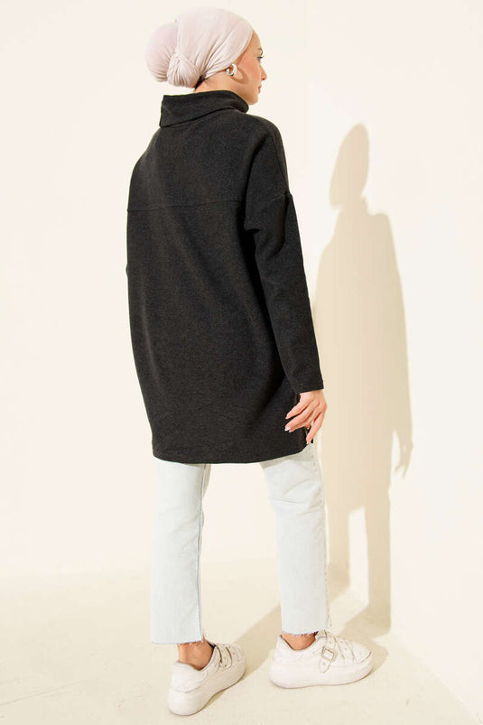 Boğazlı Fitilli Kaşe Tunik Antrasit