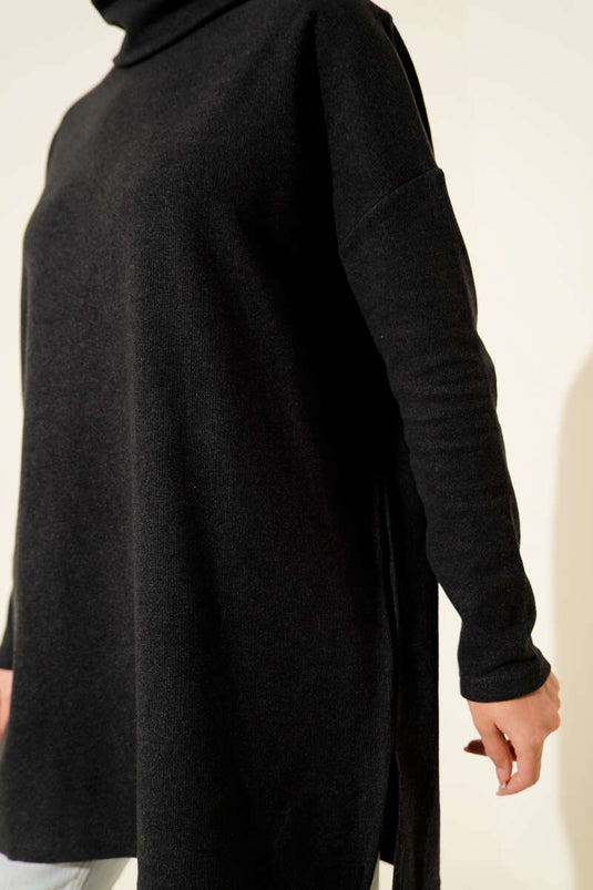 Boğazlı Fitilli Kaşe Tunik Antrasit