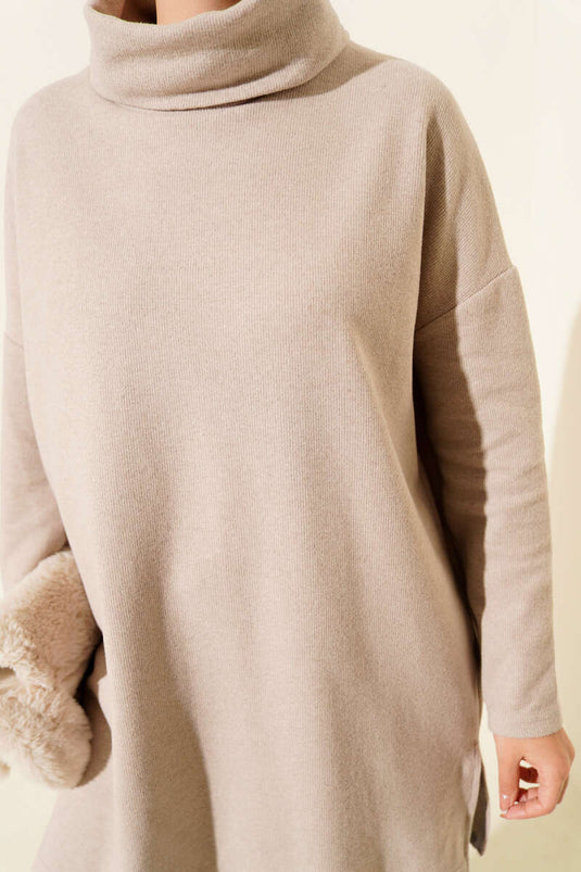 Boğazlı Fitilli Kaşe Tunik Bej