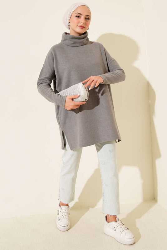 Turtleneck Ribbed Cashmere Tunic Grey