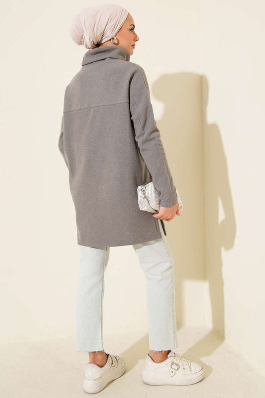 Turtleneck Ribbed Cashmere Tunic Grey