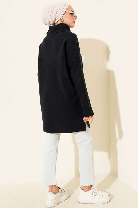 Tunique en velours côtelé et cachemire à col roulé bleu marine