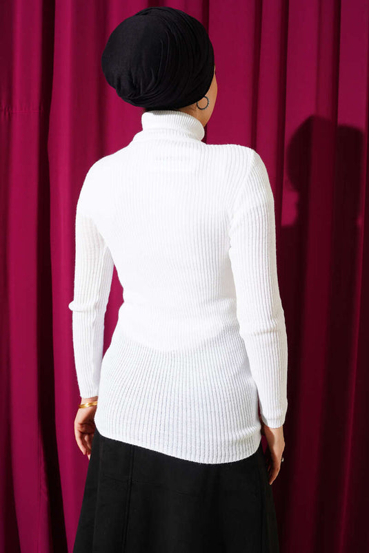 Turtleneck Ribbed Knit Sweater Ecru