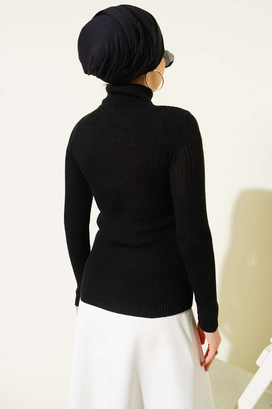 Turtleneck Ribbed Knit Sweater Black