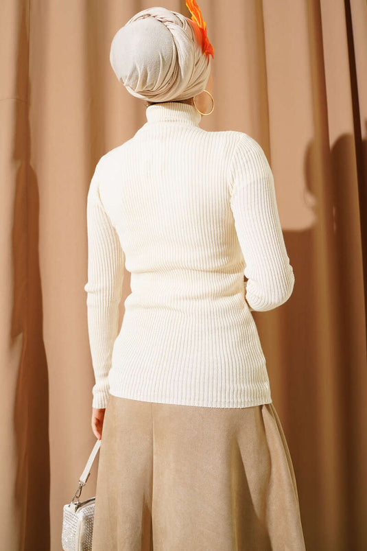 Turtleneck Ribbed Knit Sweater Stone