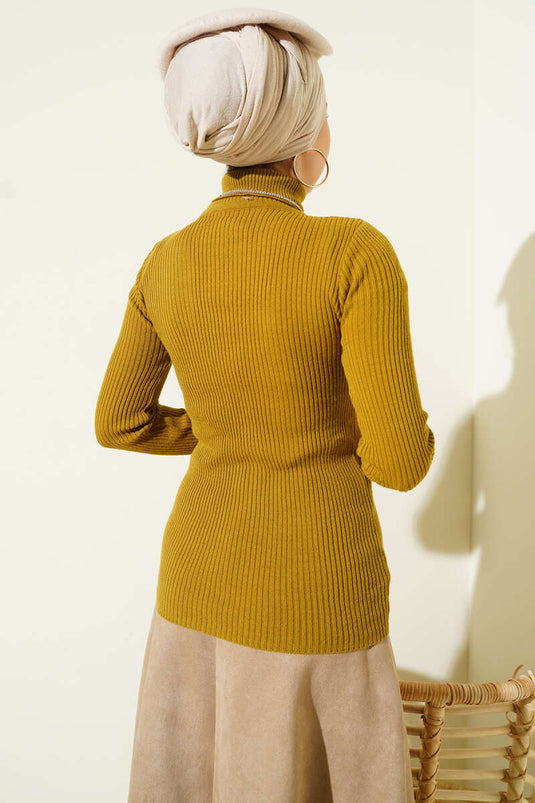 Turtleneck Ribbed Knit Sweater Oil Green