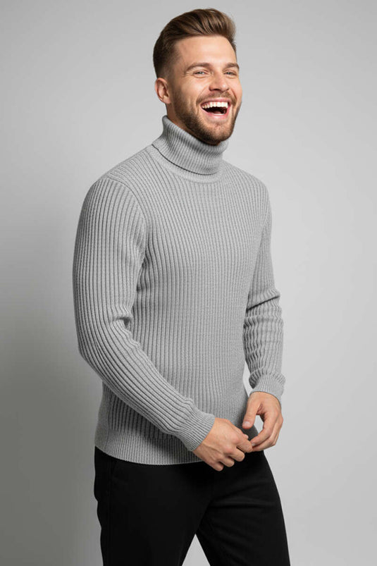 كنزة رجالية بياقة عالية، رمادية