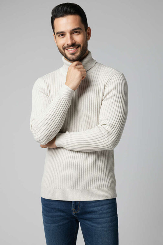 Turtleneck Knit Men's Sweater in Stone