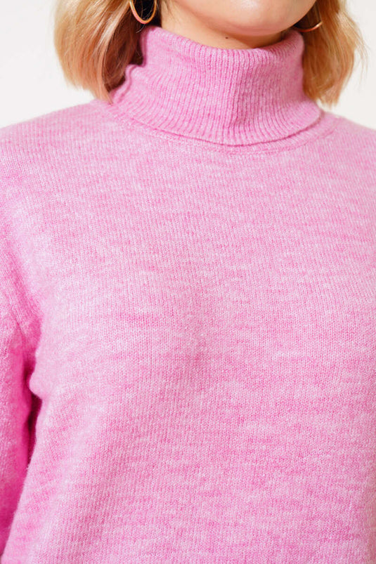 سترة محبوكة بياقة مدورة وردية