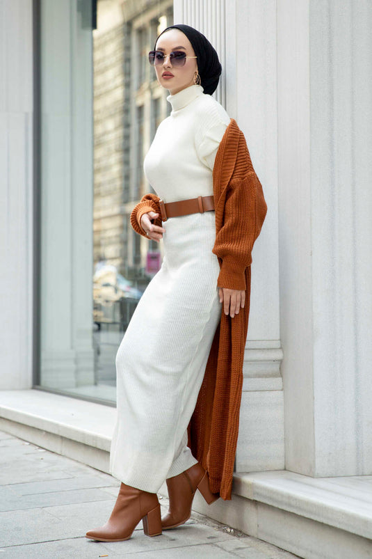 High Neck Knit Modest Dress Ecru