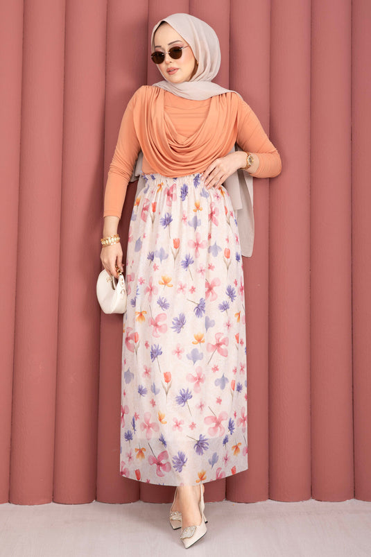 Bohemian Style Floral Elastic Waist Chiffon Tulle Skirt Cream