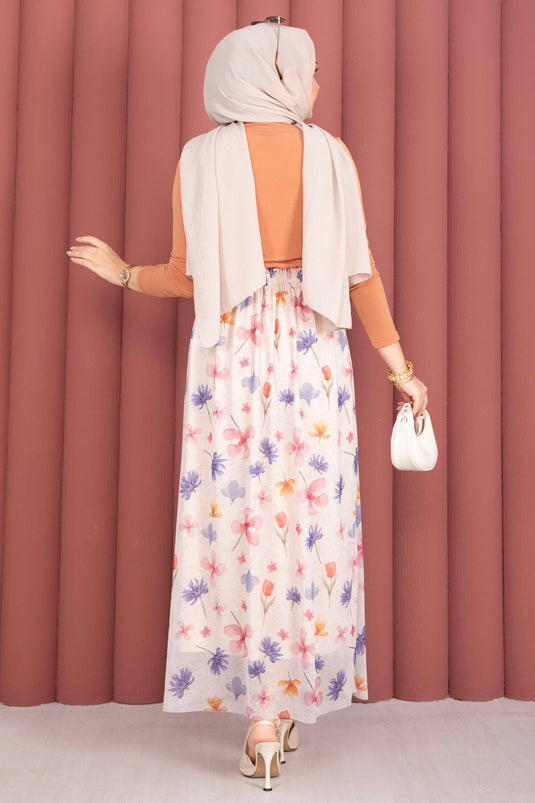 Bohemian Style Floral Elastic Waist Chiffon Tulle Skirt Cream