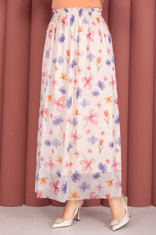 Bohemian Style Floral Elastic Waist Chiffon Tulle Skirt Cream