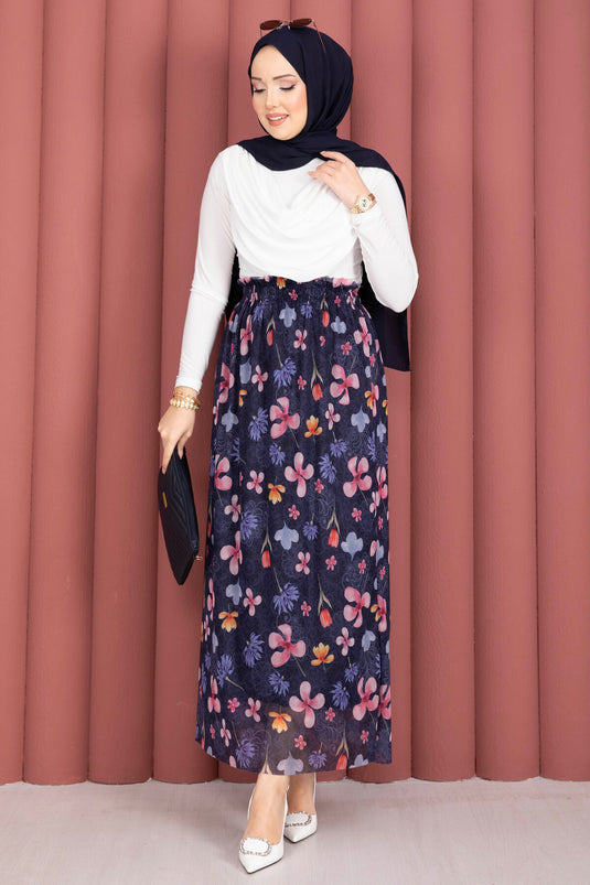 Jupe en tulle chiffon bleu marine à fleurs style bohème avec taille élastique