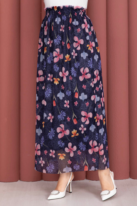 Jupe en tulle chiffon bleu marine à fleurs style bohème avec taille élastique