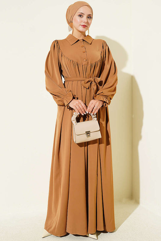 Robe Shirred Buzgulu Camel