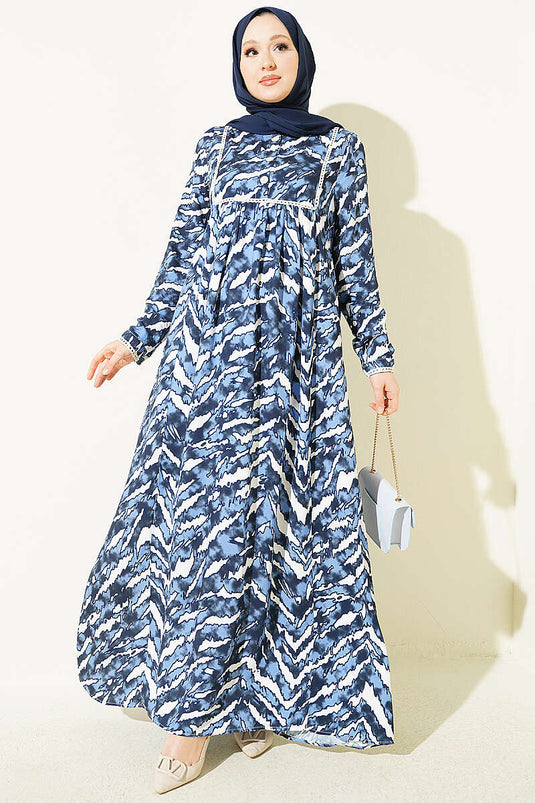 Marine Langarm Kleid Mit Spitzenbrust Und Taillen-Details