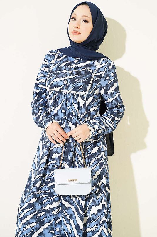 Marine Langarm Kleid Mit Spitzenbrust Und Taillen-Details