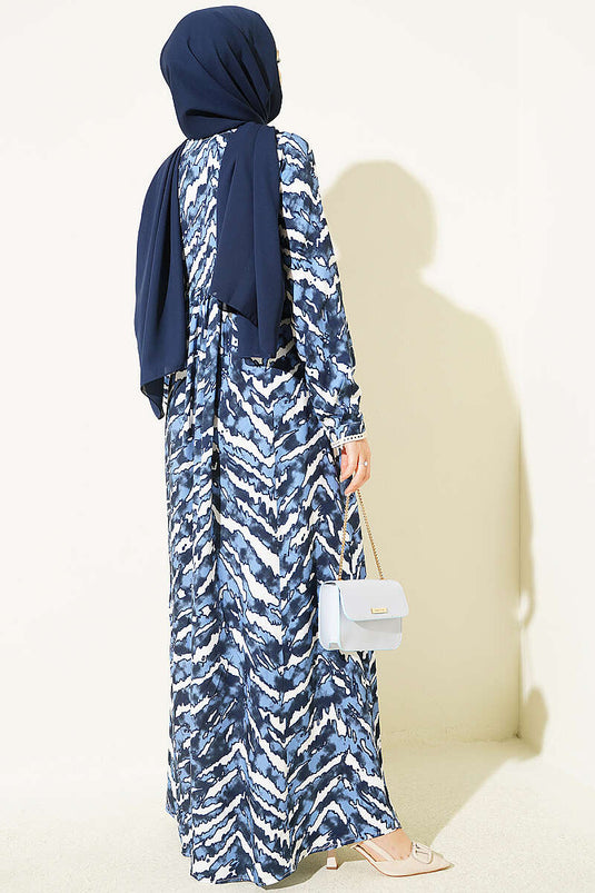 Marine Langarm Kleid Mit Spitzenbrust Und Taillen-Details