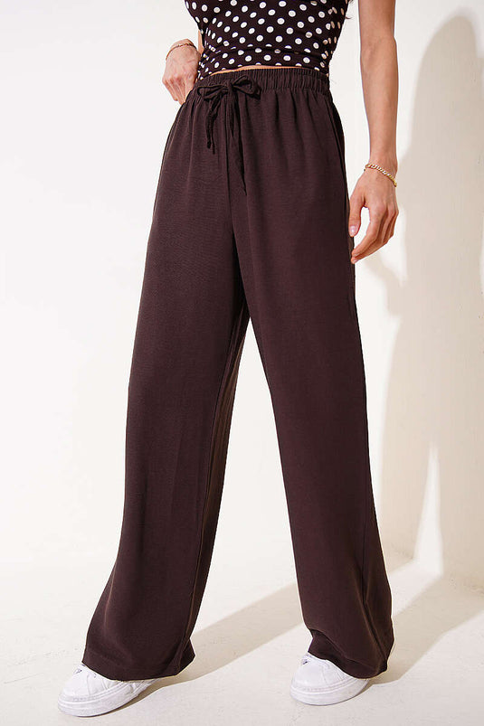 Wide Leg Elastic Waist Linen Pants Brown