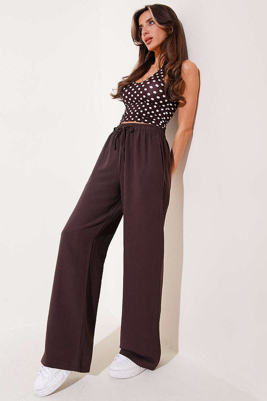 Wide Leg Elastic Waist Linen Pants Brown