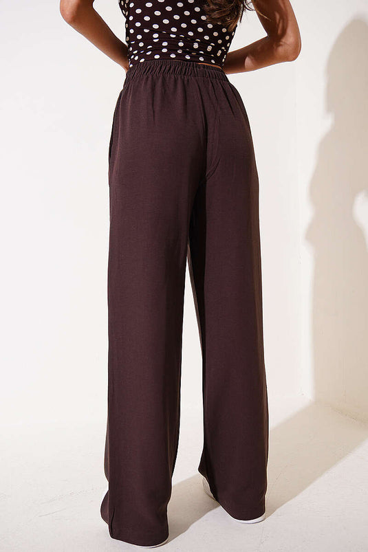 Wide Leg Elastic Waist Linen Pants Brown
