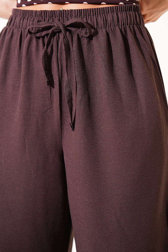 Wide Leg Elastic Waist Linen Pants Brown