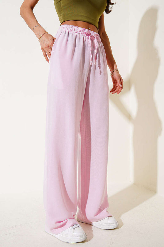 Pantalon en lin rose à taille élastique et jambes larges