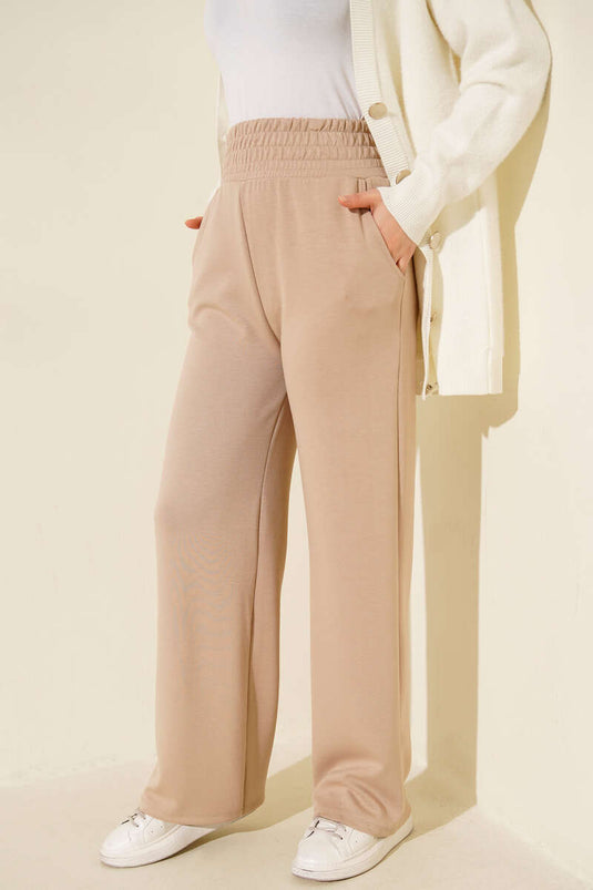 Bol Paça Geniş Bel Lastikli Pantolon Bej