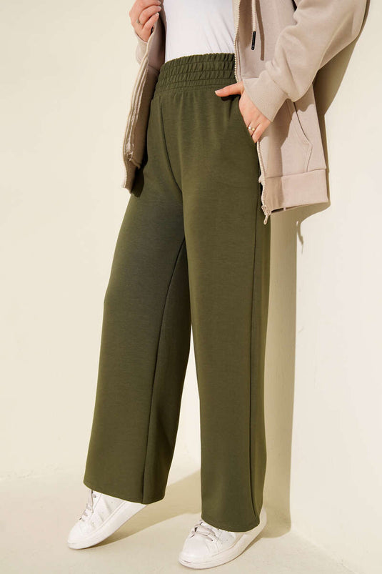 Pantalon à taille large élastique kaki à coupe ample