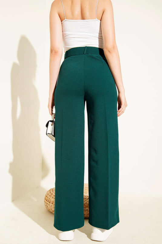 Wide-Leg Belted Trousers Emerald