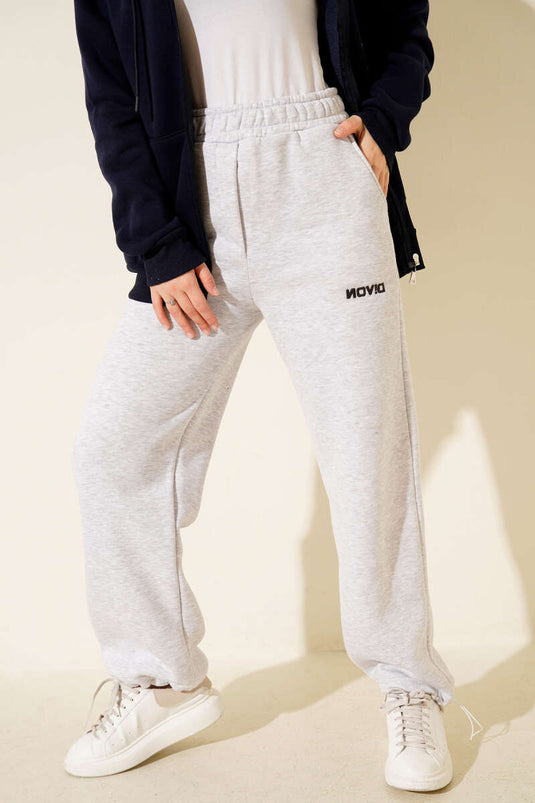 Bol Paça Lastikli Üç İplikli Pantolon Gri