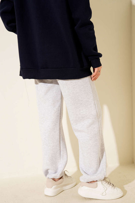 Bol Paça Lastikli Üç İplikli Pantolon Gri