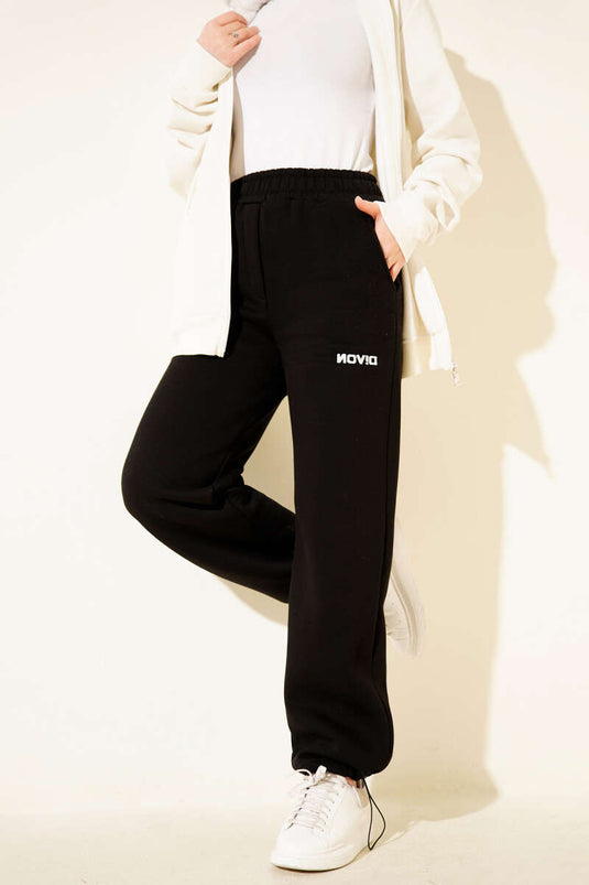 Bol Paça Lastikli Üç İplikli Pantolon Siyah