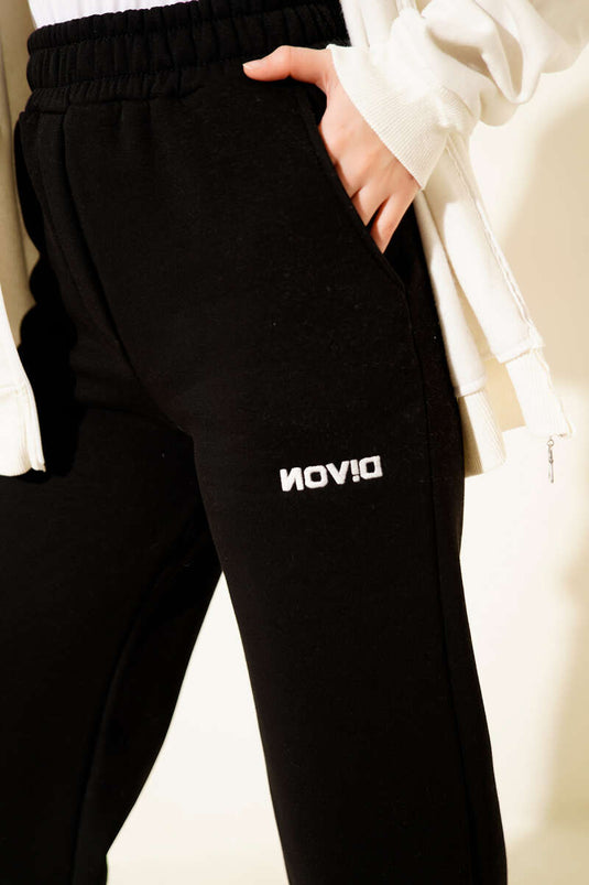 Bol Paça Lastikli Üç İplikli Pantolon Siyah