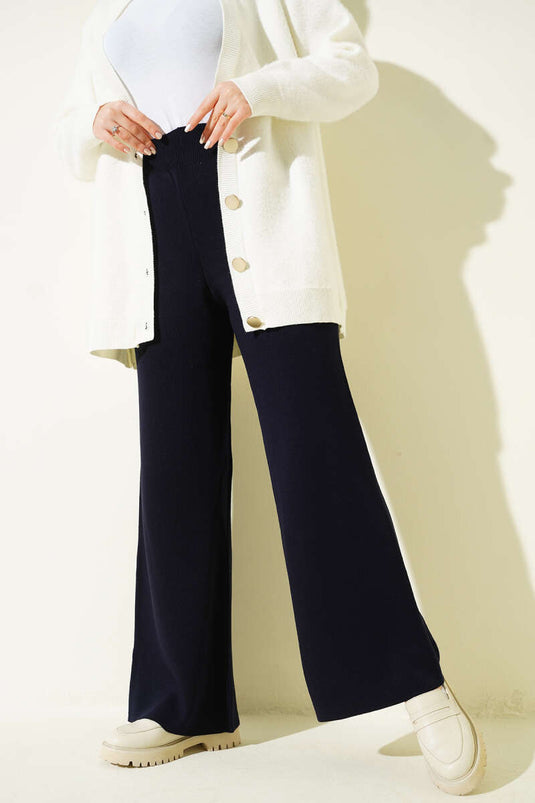 Pantalon En Tricot À Jambes Larges Bleu Marine