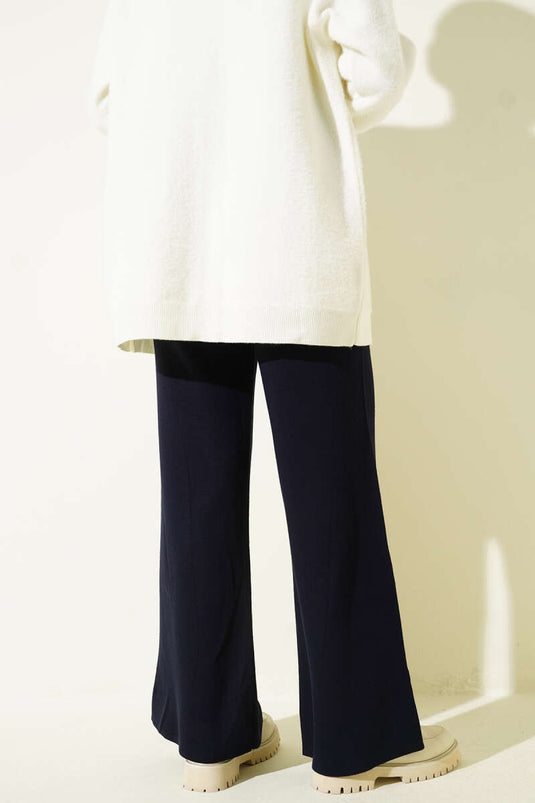 Pantalon En Tricot À Jambes Larges Bleu Marine
