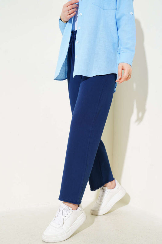 Gabardine Trousers with Wide Tassel Legs Navy Blue