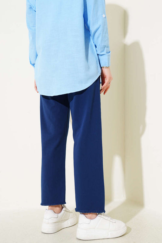 Gabardine Trousers with Wide Tassel Legs Navy Blue