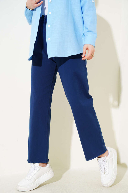 Gabardine Trousers with Wide Tassel Legs Navy Blue