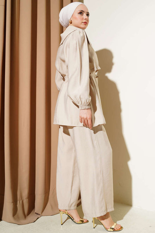 Bolero Detail Waist Tunnel Two Piece Set Beige